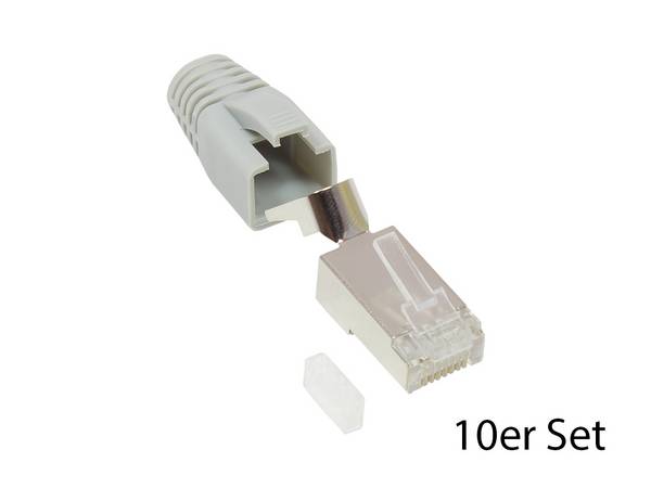 RJ45 Netzwerkstecker Cat.6A, geschirmt, für Cat.7, Cat.6A, Cat.6 Kabel, grau, 10er-Set