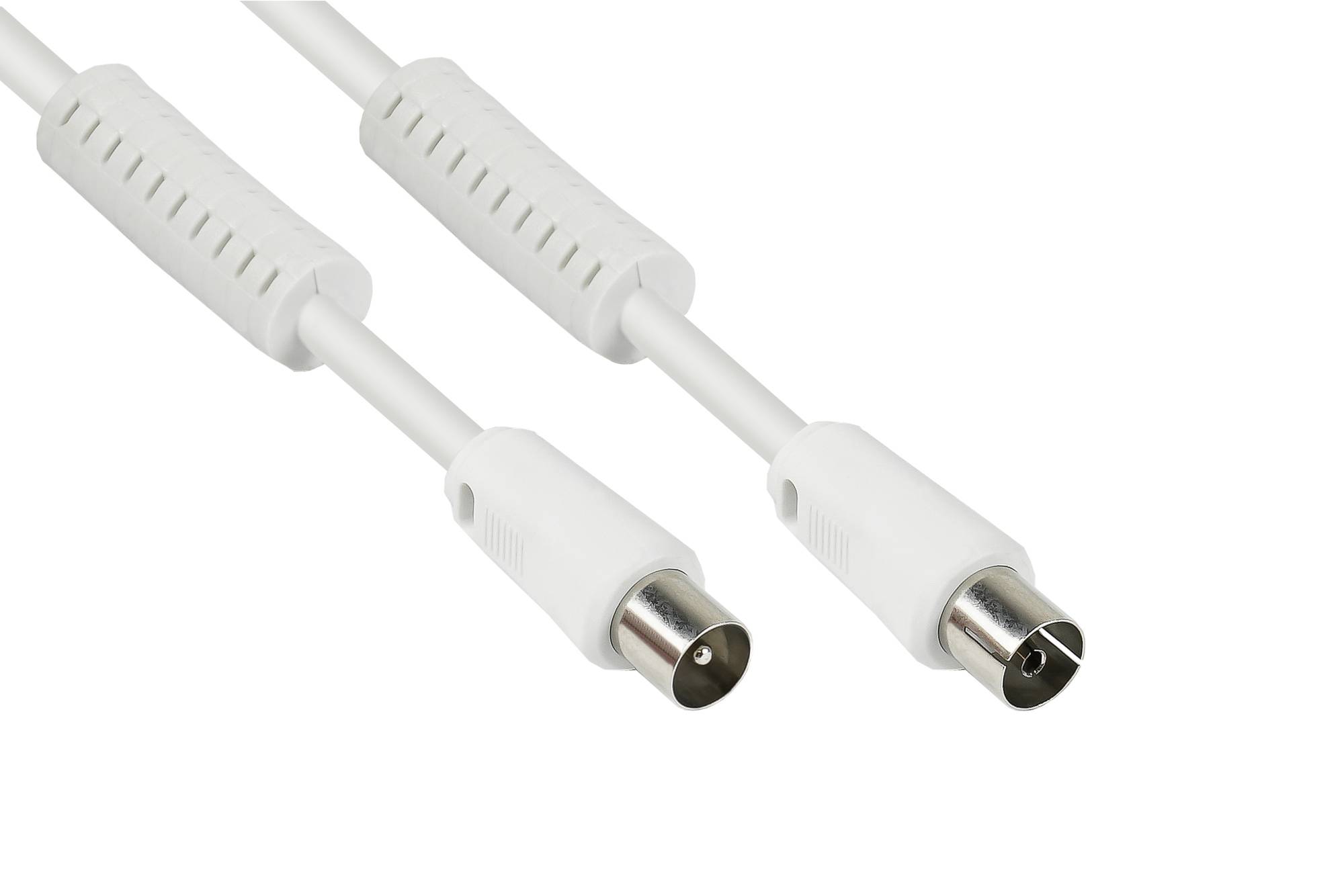 TV Antennenkabel, Koax Stecker an Koax Buchse, 2x Ferritkern, 95dB, 75 Ohm, weiß, 7,5m-0