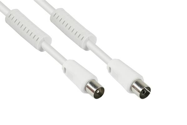 TV Antennenkabel, Koax Stecker an Koax Buchse, 2x Ferritkern, 95dB, 75 Ohm, weiß, 5m