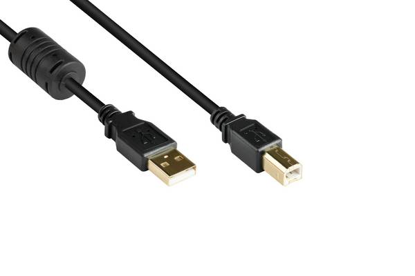 Good Connections® Anschlusskabel USB 2.0 Stecker A an Stecker B, mit Ferritkern, vergoldet, schwarz, 5m