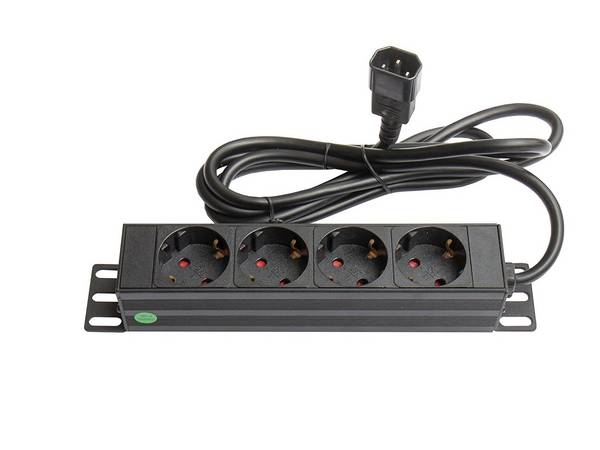Good Connections® 10" Steckdosenleiste, 1HE, Kaltgeräte-Stecker C14 an 4x Schutzkontakt-Buchse, Aluminiumprofil, schwarz