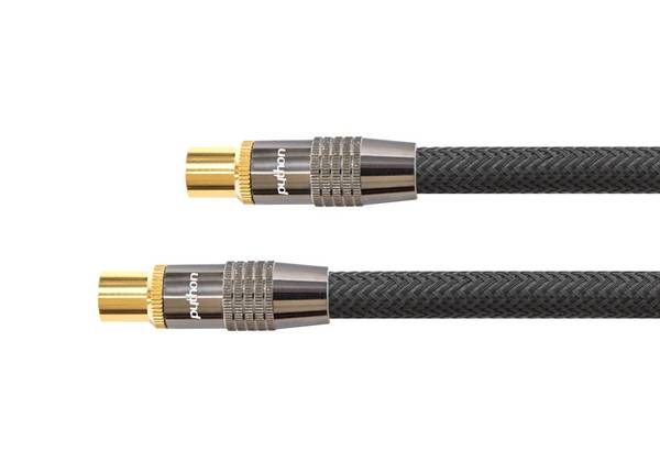 TV Antennenkabel, IEC/Koax Stecker an Buchse, vergoldet, 120dB, 75 Ohm, Nylongeflecht, schwarz, 20m