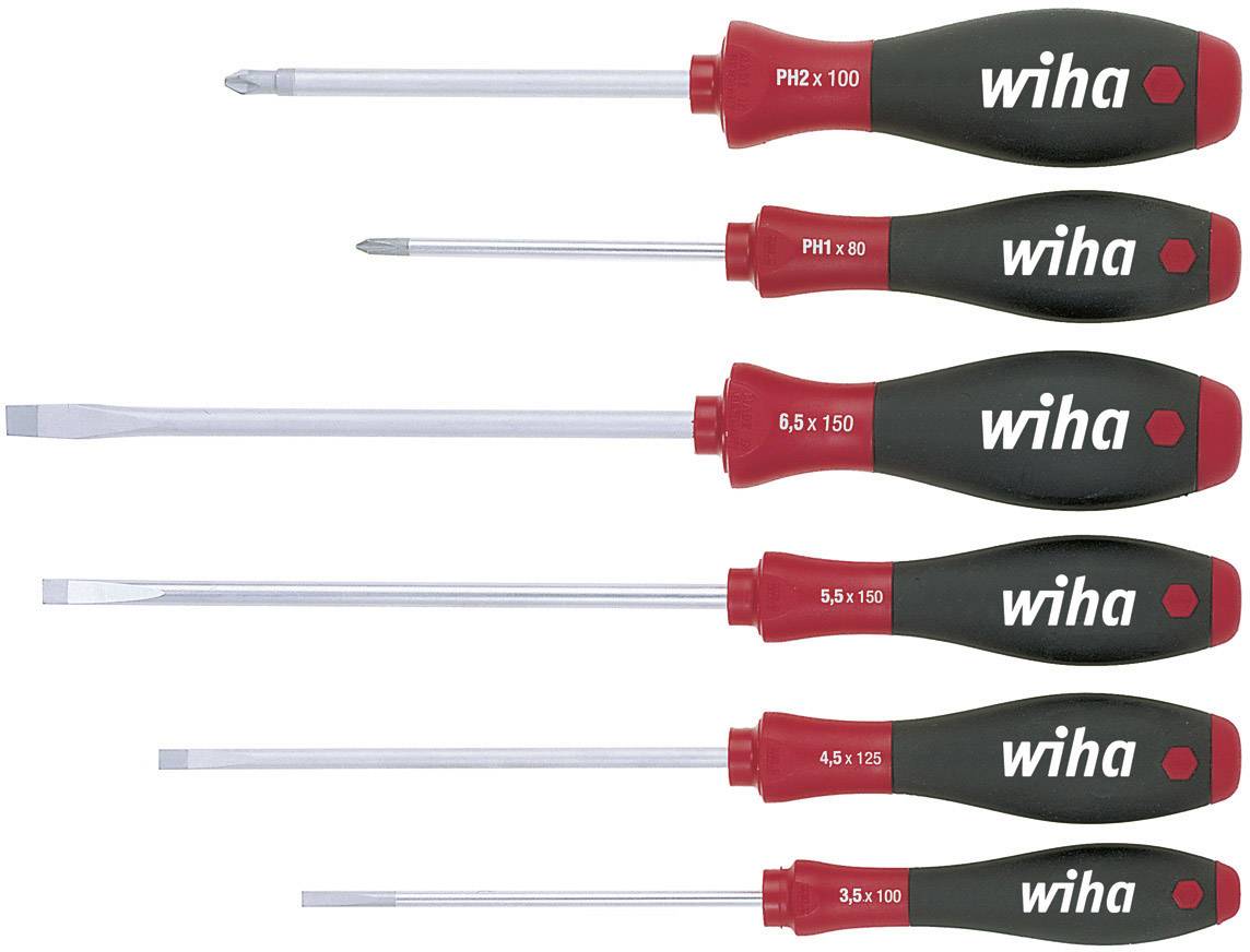 Sechs Schraubendreher mit roten und schwarzen Griffen und unterschiedlichen Klingenformen, von oben nach unten nach Größe sortiert.