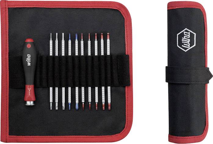 Ein Satz Schraubendreher mit roten und schwarzen Griffen in einem schwarzen Etui mit rotem Rand und Wiha-Logo.