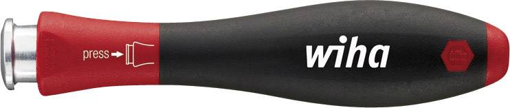 Schwarzer und roter Schraubendrehergriff mit der Aufschrift 'wiha'. Links ein Hinweis 'press' mit Pfeilsymbol, um den Mechanismus zu aktivieren.