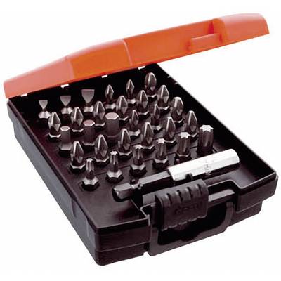 Schraubendreher-Bit-Set mit 32 Bits in verschiedenen Formen und Größen in einer offenen schwarzen Box mit orangem Deckel.