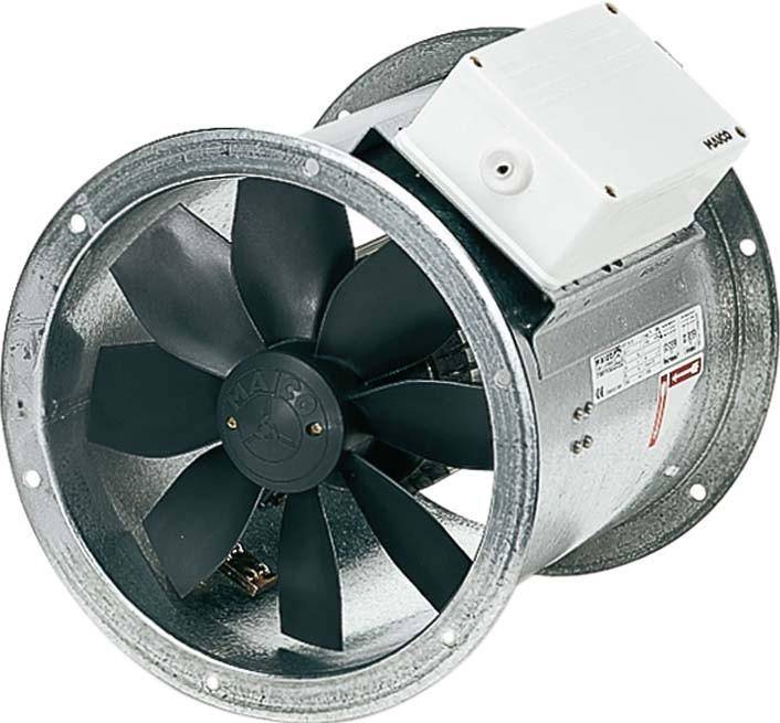 Industrie-Ventilator mit schwarzem Rotor und rechteckiger weißer Abdeckung auf zylindrischem Gehäuse, geeignet zur Belüftung.