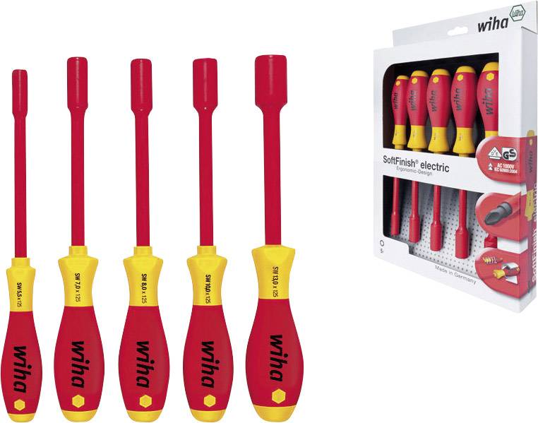 Fünf rote und gelbe Schraubendreher nebeneinander, mit Aufschrift 'wiha', neben einer Verpackung mit denselben Schraubendrehern.