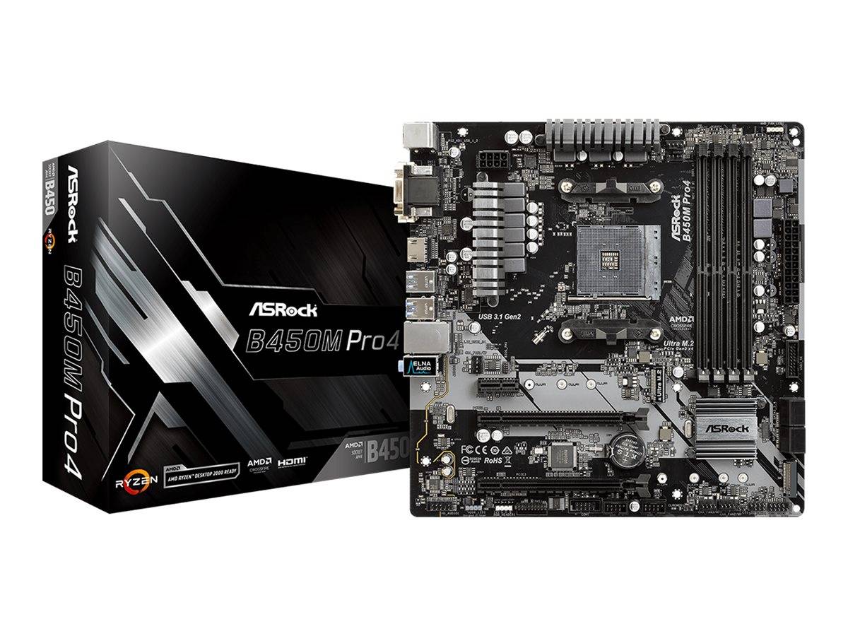 ASRock B450M PRO4 - Motherboard - micro ATX - Socket AM4 - AMD B450 Chipsatz - USB 3.1 Gen 1, USB-C Gen2, USB 3.1 Gen 2-0