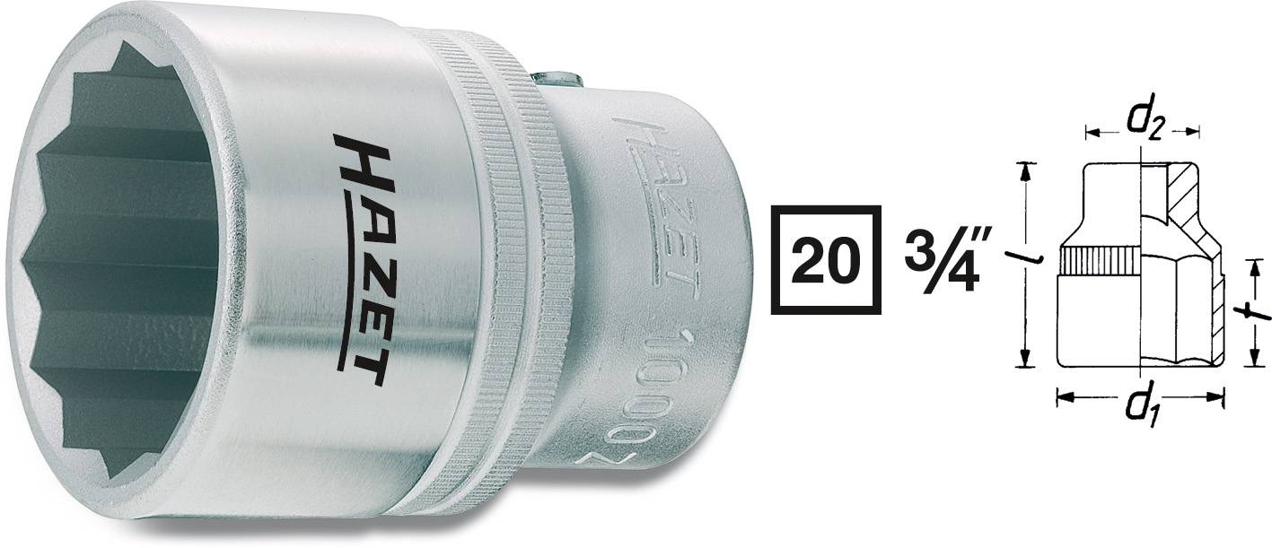 Steckschlüssel mit der Aufschrift 'HAZET', abgebildet mit Maßzeichnungen. Größe: 20 3/4 Zoll.