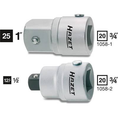 Zwei silberne Adapter von Hazet zur Verbindung von Werkzeugen mit 1-Zoll- und 1/2-Zoll-Anschlüssen. Modellspezifikationen anzeigen.