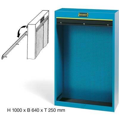 Blauer Werkzeugschrank mit Tür, die seitlich öffnet. Maße: H 1000 x B 640 x T 250 mm. Herstellerlogo 'Hazet' oben auf der Schrankfront.