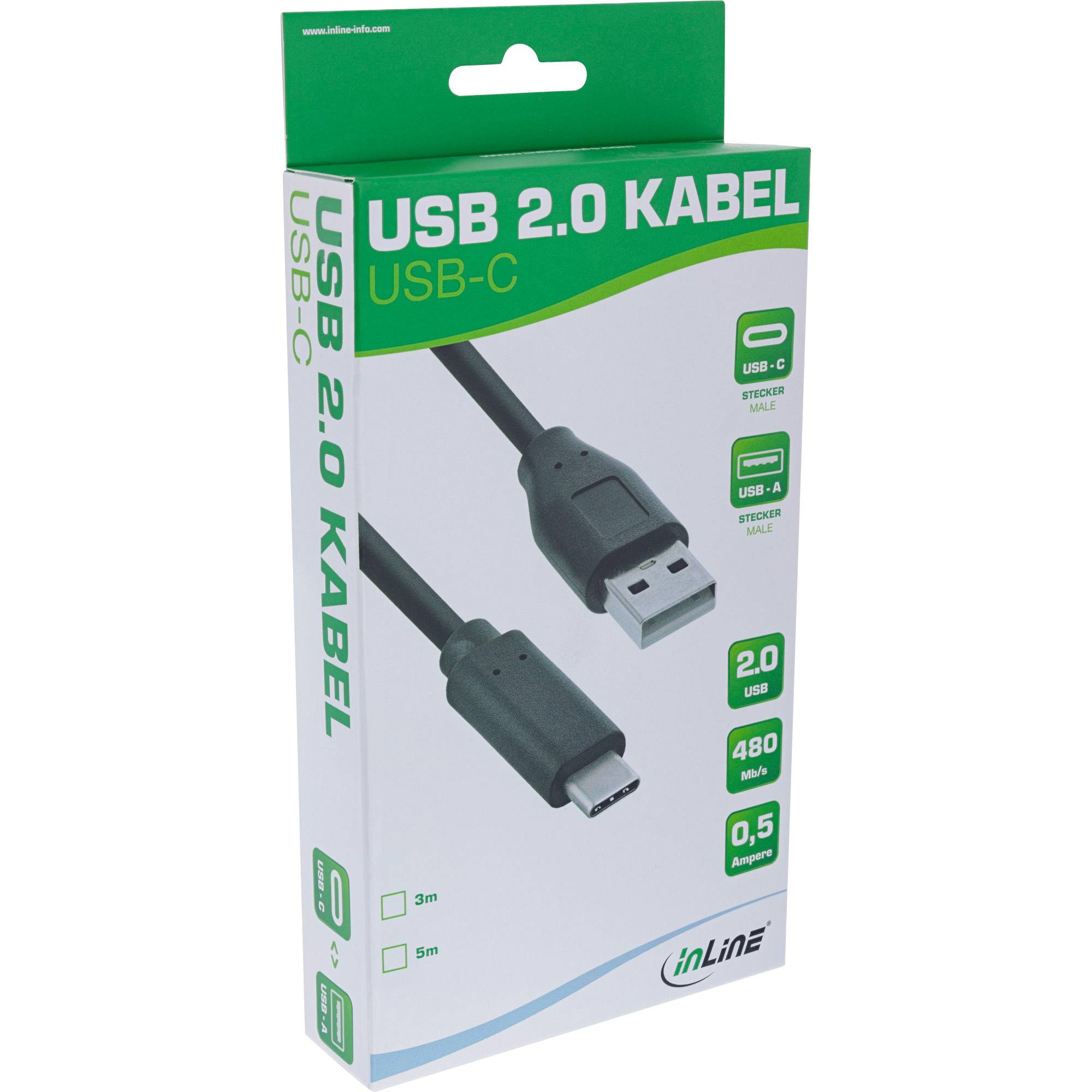 InLine® USB 2.0 Kabel, USB-C Stecker an A Stecker, schwarz, 5m-2