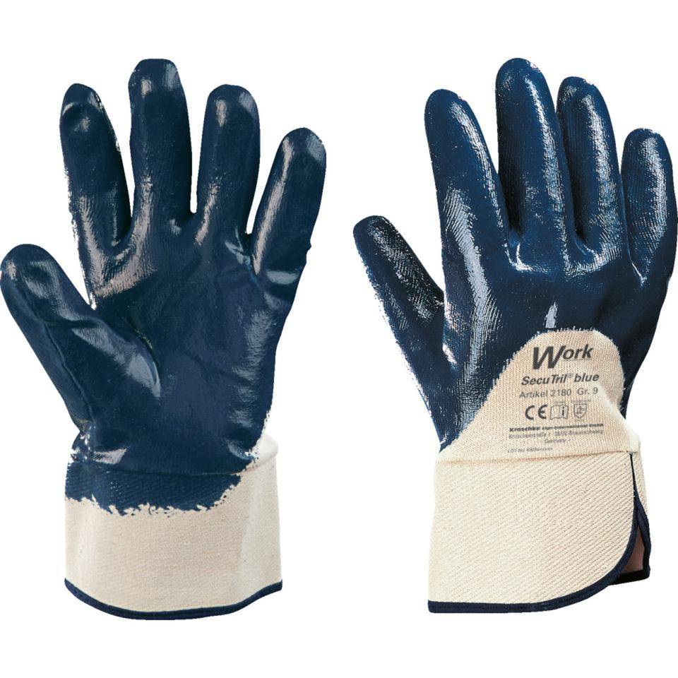 Work Schutzhandschuh SecuTril® Blue, Stulpe, Baumwolltrikot, Nitril, Größe 9, EN 388, Kat. II-0