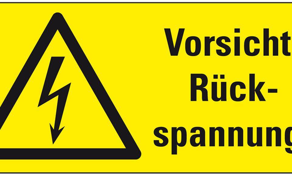 Warn-Kombischild Vorsicht! Rückspannung!, RoHS konform, Folie, selbstklebend, 52x26mm, ASR A1.3, DIN EN ISO 7010 W012-0