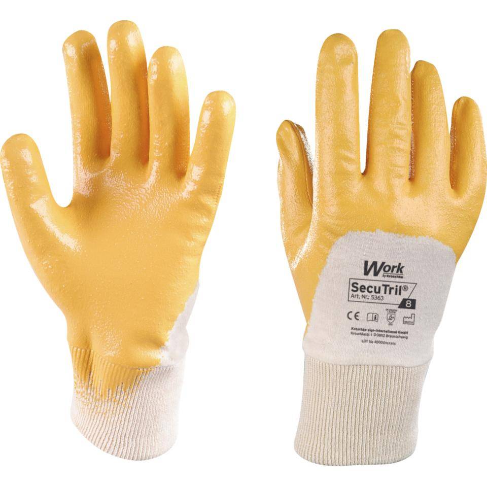Work Schutzhandschuh SecuTril®, gelb, Baumwolltrikot, Nitril, Größe 10, EN 388, Kat. II-0