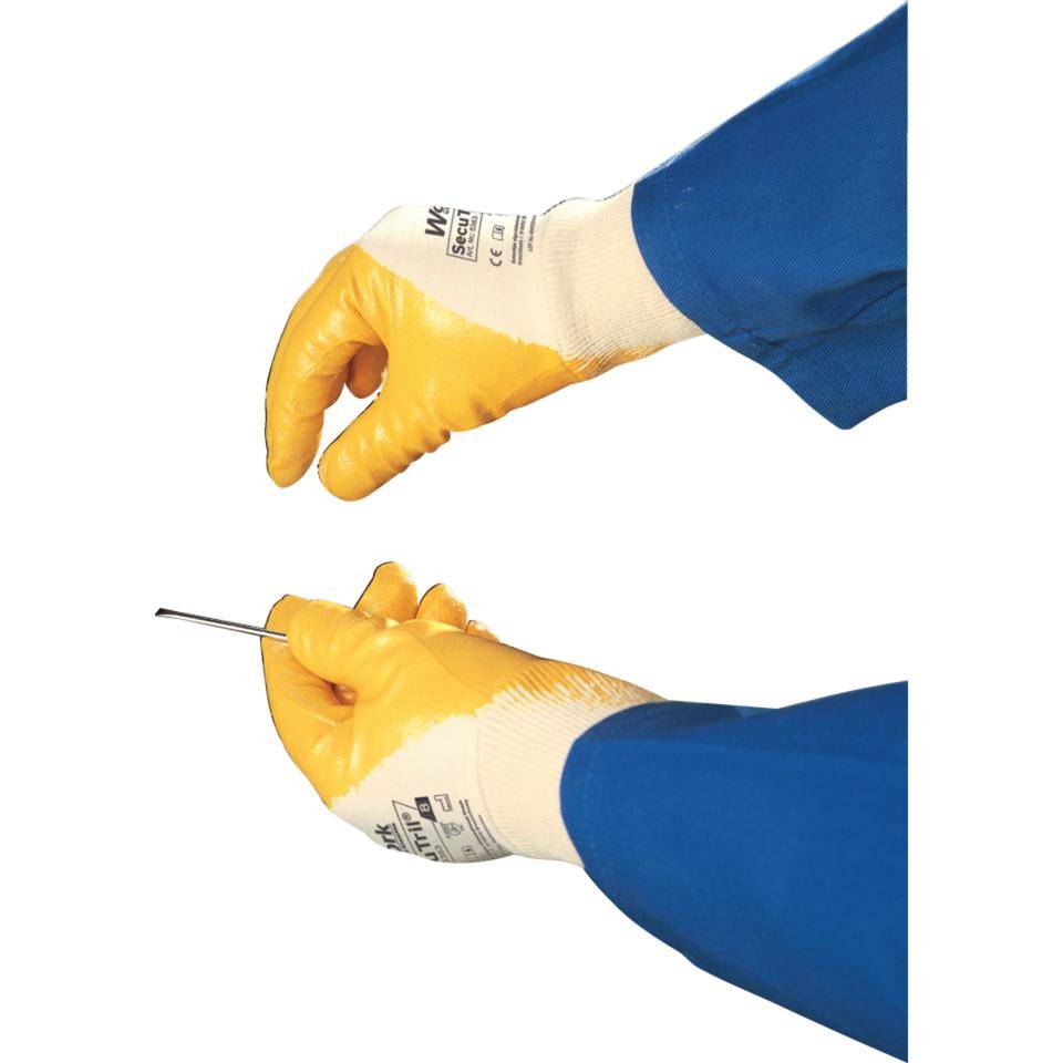Work Schutzhandschuh SecuTril®, gelb, Baumwolltrikot, Nitril, Größe 10, EN 388, Kat. II-2