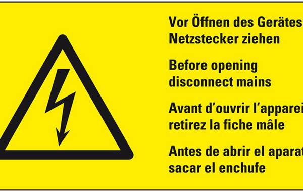 Warn-Kombischild Vor Öffnen d.Gerätes Netzstecker ziehen, praxisbewährt, Folie, 100x50mm
