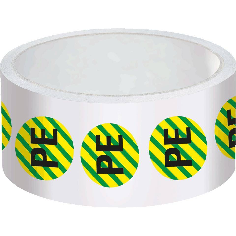 Leiterkennzeichen PE Schutzleiter, RoHS-konform, Folie, selbstklebend, Ø12,5mm, 500/Rolle, DIN EN 60445 / IEC 60417-2