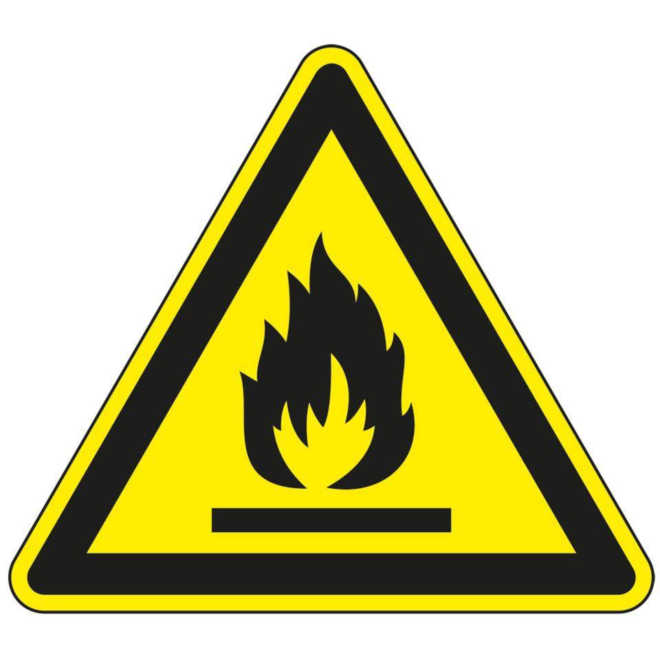 Warnschild Warnung vor feuergefährlichen Stoffen, Folie, SL 50mm, 10/Bogen, ASR A1.3, DIN EN ISO 7010 W021-0