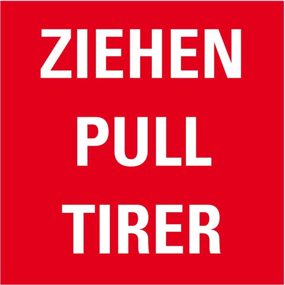 Türhinweis Ziehen, dreisprachig, rot/weiß, Folie, selbstklebend,80x80mm-0