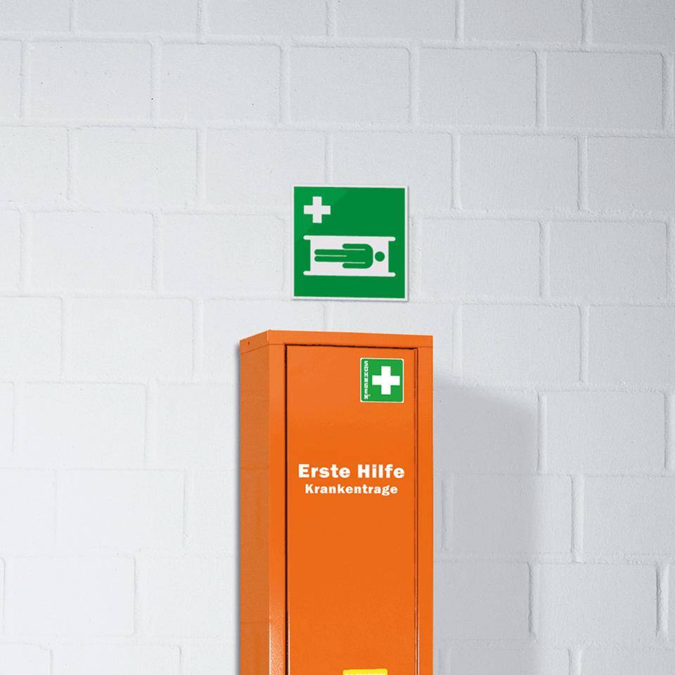 Rettungszeichen Krankentrage, Folie, selbstklebend, 200x200mm, ASR A1.3, DIN EN ISO 7010 E013-1