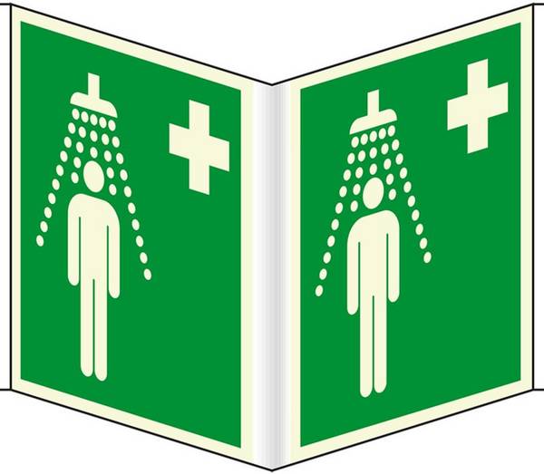 PERMALIGHT® plus langnachleuchtend Rettungs-Nasenschild Notdusche, Kunststoff, 200x200mm, ASR A1.3, DIN EN ISO 7010/E012