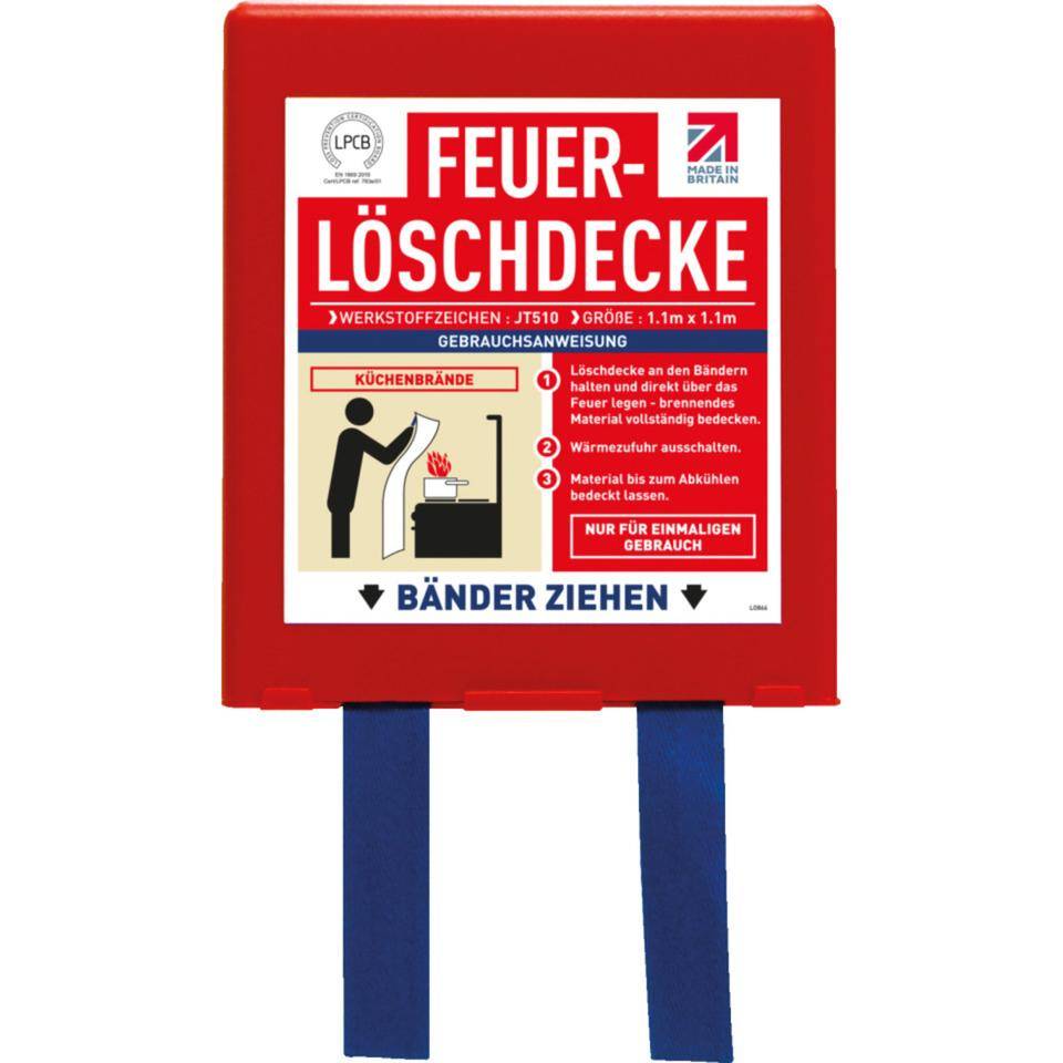 Feuerlöschdecke, mit 2 Zuglaschen, Glasfasergewebe, 1100x1100mm,Lieferung inkl. Kunststoffbox, ohne Befestigungsmaterial-0