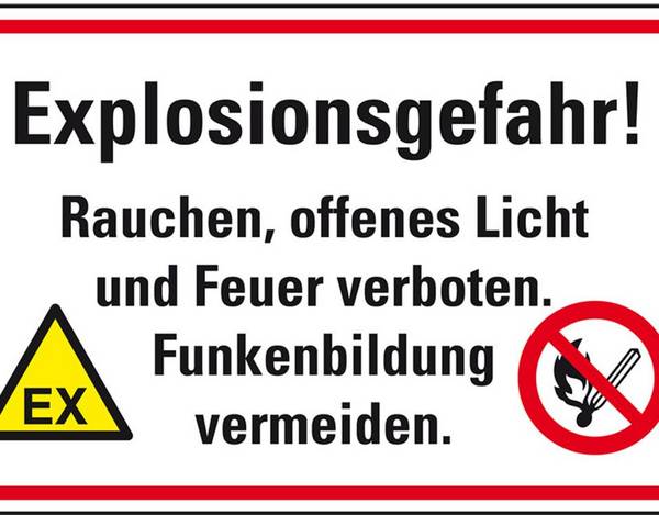 Hinweis-Kombischild Explosionsgefahr! Rauchen, offenes Licht undFeuer verboten, Kunststoff, 300x200mm