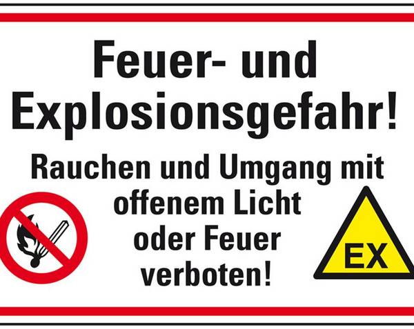Hinweisschild Feuer- und Explosionsgefahr! Rauchen und Umgang mit offenem Licht oder Feuer verboten,Kunststoff,300x200mm