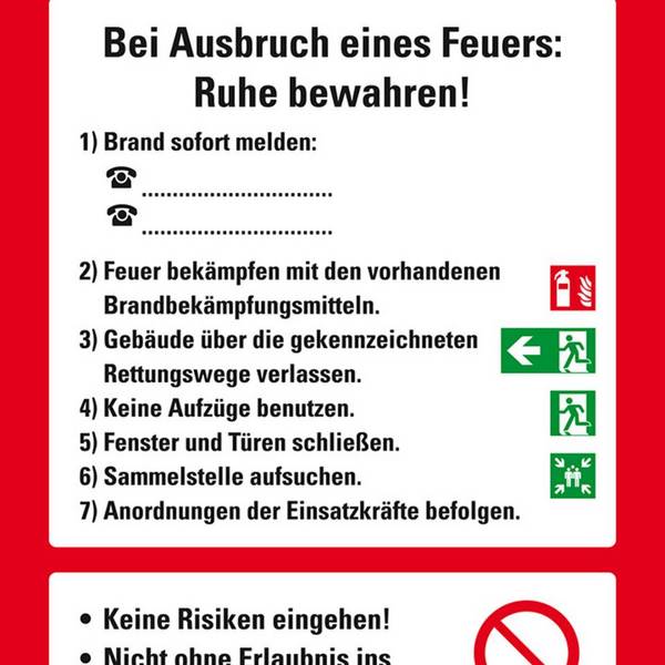 Aushang Verhaltensregeln Im Brandfall, Kunststoff, 210x297mm, ASR A1.3, DIN EN ISO 7010