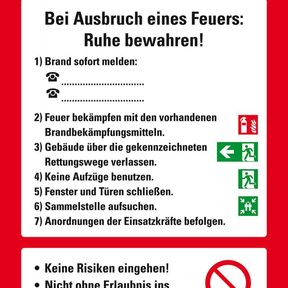 Aushang Verhaltensregeln Im Brandfall, Kunststoff, 210x297mm, ASR A1.3, DIN EN ISO 7010-0
