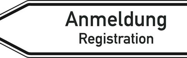 Wegweiser Anmeldung/Registration, 2-sprachig, linksweisend, Aluminium RA0, 1400x350mm, DIN 67520