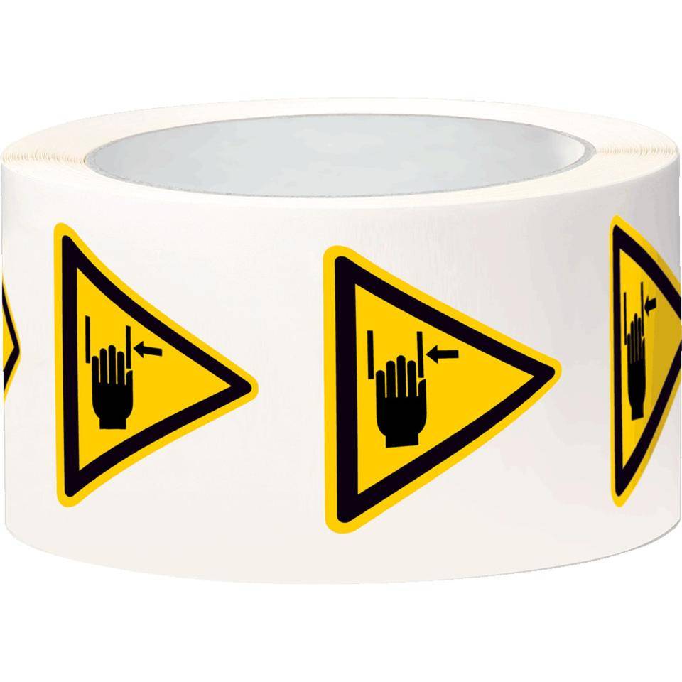 Warnschild Warnung vor Handverletzung, Folie, SL 50mm, 500/Rolle, ASR A1.3, DIN EN ISO 7010 W024-0