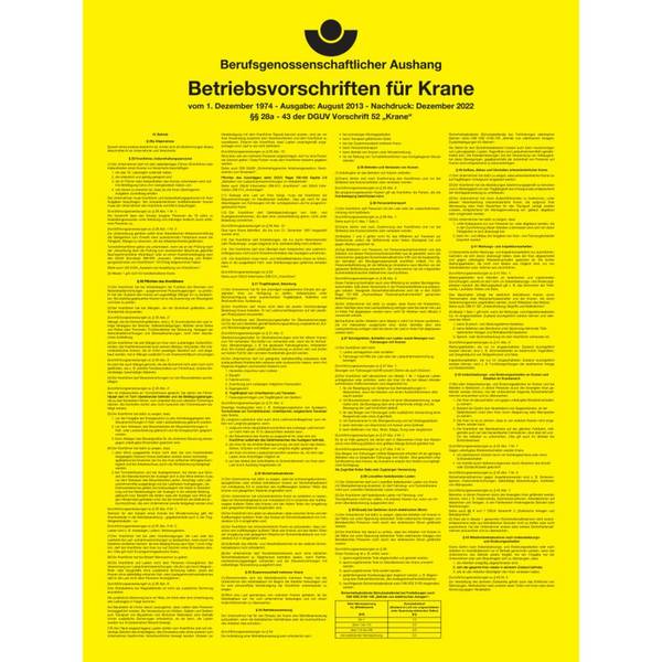 Aushang Betriebsvorschriften Krane, DGUV 52, Kunststoff Spezial, 385x235mm
