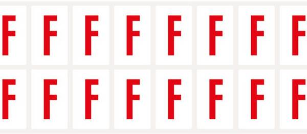 Buchstabe F, weiß/rot, Folie, Schrifthöhe 25mm, 22x36mm, 320 Stück/VE