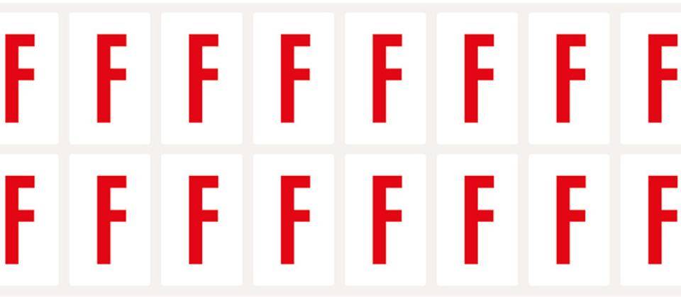 Buchstabe F, weiß/rot, Folie, Schrifthöhe 25mm, 22x36mm, 320 Stück/VE-0