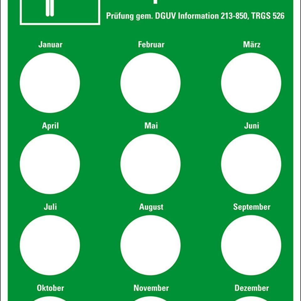 Prüfnachw.f. Körperduschen DGUV Information 213-850, Prüfplakette Ø20mm, Folie, 100x150mm, DGUV-0
