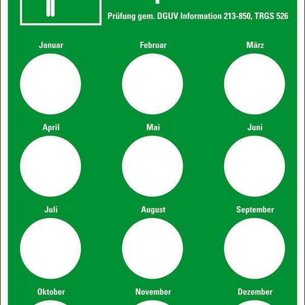 Prüfnachw.f. Körperduschen DGUV Information 213-850, Prüfplakette Ø20mm, Folie, 100x150mm, DGUV