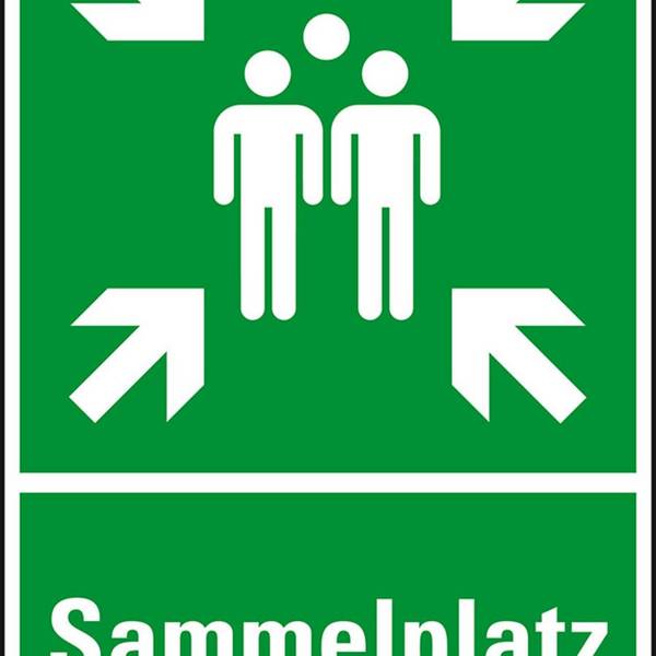 Rettungs-Kombischild Sammelstelle, Sammelplatz, Kunststoff, 400x600mm, ASR A1.3, DIN EN ISO 7010 E003 und E007