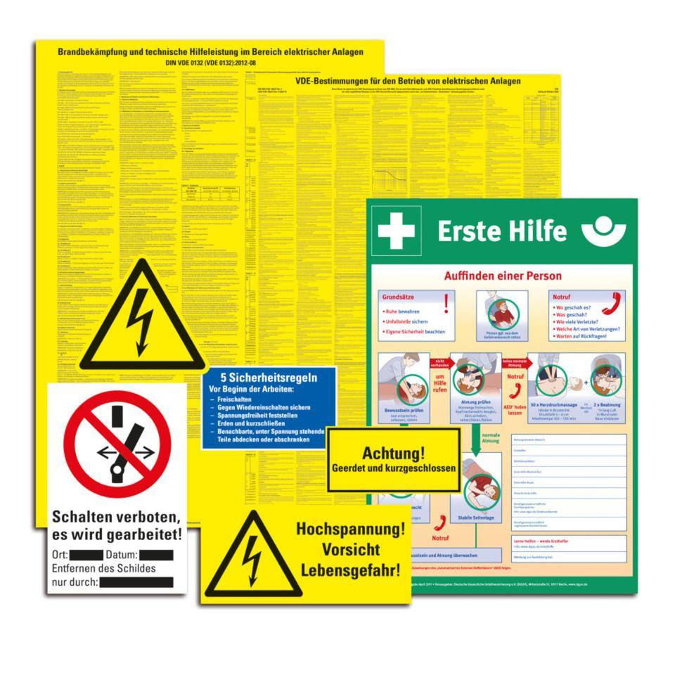 Warn- und Hinweisschildersatz, DIN VDE 0105, Kunststoff, verschiedene Formate, DGUV-0