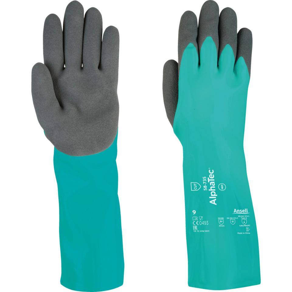 Ansell Schnitt- und Chemikalienschutzhandschuh AlphaTec® 58-735,Kategorie III, grün/schwarz, 350mm, Größe 9-0