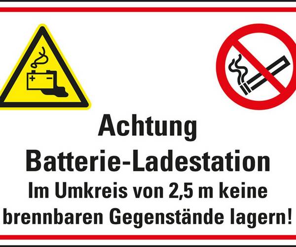 Hinweisschild Achtung Batterie-Ladestation..., Recycling-Verbundplatte, 400x300mm