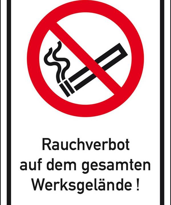 Verbots-Kombischild Rauchverbot auf dem Werksgelände, Aluminium,400x600mm, DIN EN ISO 7010 P002