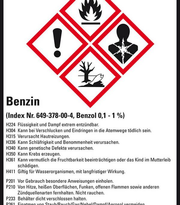 Gefahrstoffetikett Benzin, GefStoffV/GHS/CLP, Folie, 52x74mm, 10/Bogen