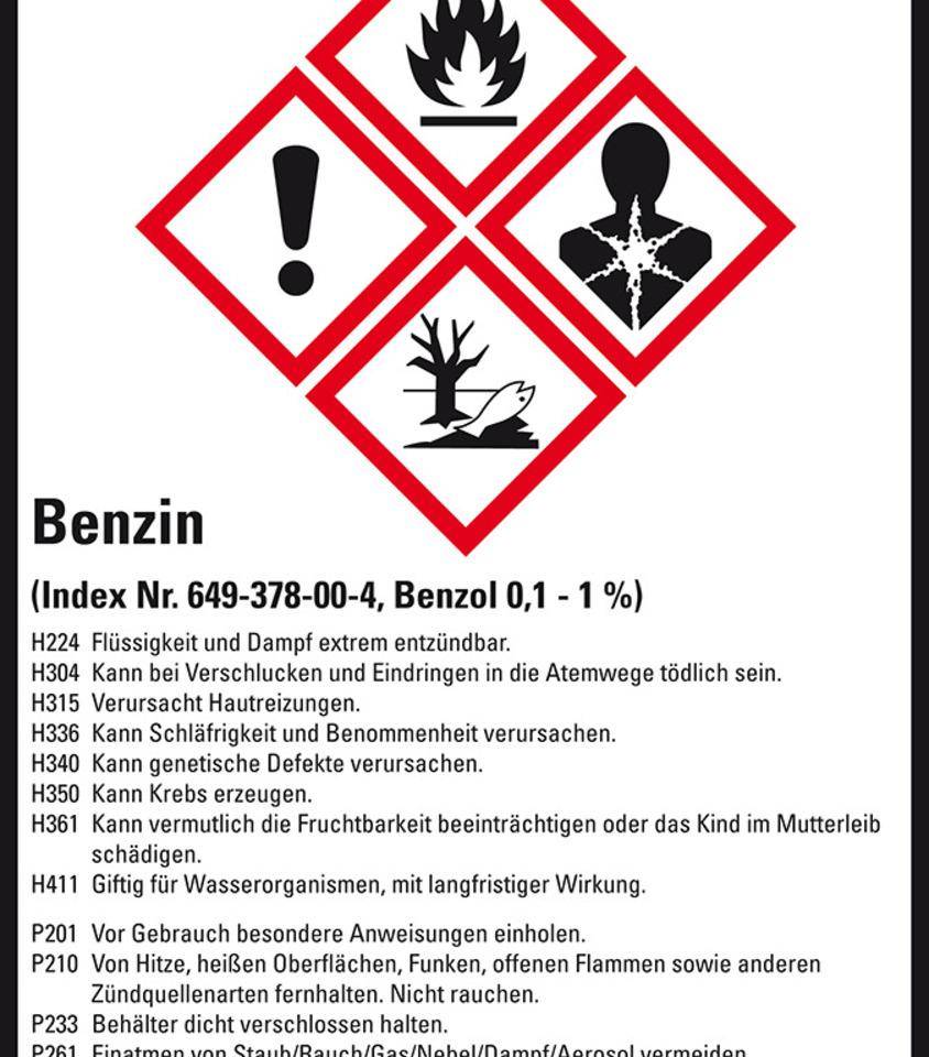 Gefahrstoffetikett Benzin, GefStoffV/GHS/CLP, Folie, 52x74mm, 10/Bogen-0