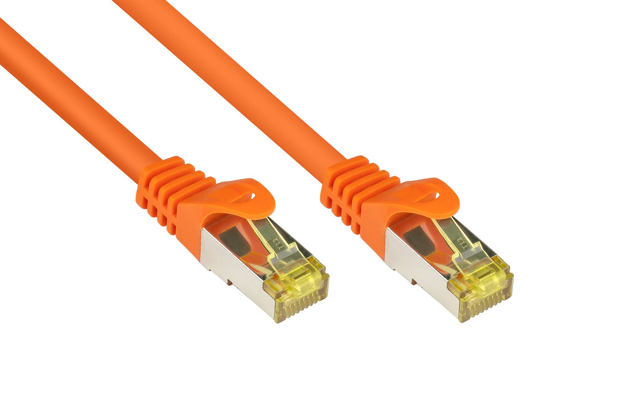 Kabelmeister® RJ45 Patchkabel mit Cat. 7 Rohkabel und Rastnasenschutz (RNS®), S/FTP, PiMF, halogenfrei, orange, 7,5m-0
