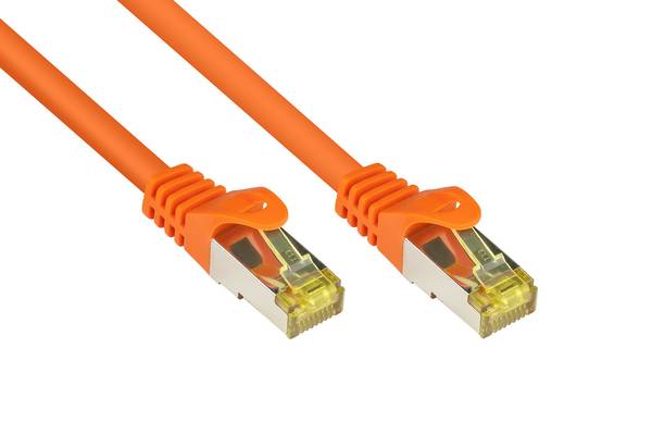 Kabelmeister® RJ45 Patchkabel mit Cat. 7 Rohkabel und Rastnasenschutz (RNS®), S/FTP, PiMF, halogenfrei, orange, 7,5m
