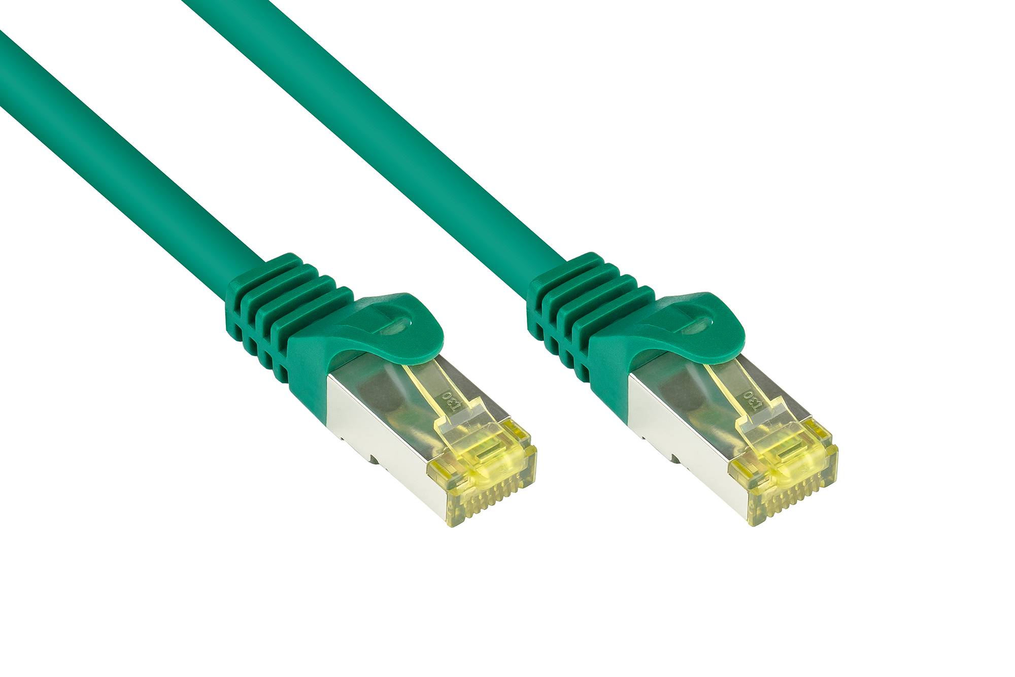 Kabelmeister® RJ45 Patchkabel mit Cat. 7 Rohkabel und Rastnasenschutz (RNS®), S/FTP, PiMF, halogenfrei, grün, 1m-0