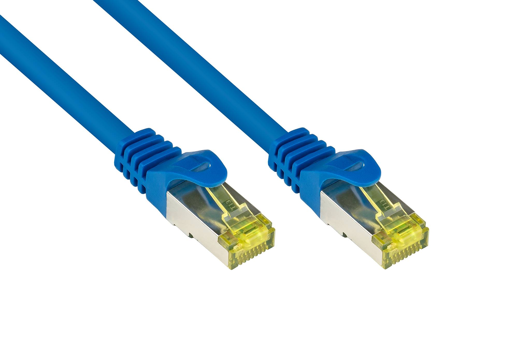 Kabelmeister® RJ45 Patchkabel mit Cat. 7 Rohkabel und Rastnasenschutz (RNS®), S/FTP, PiMF, halogenfrei, blau, 3m-0